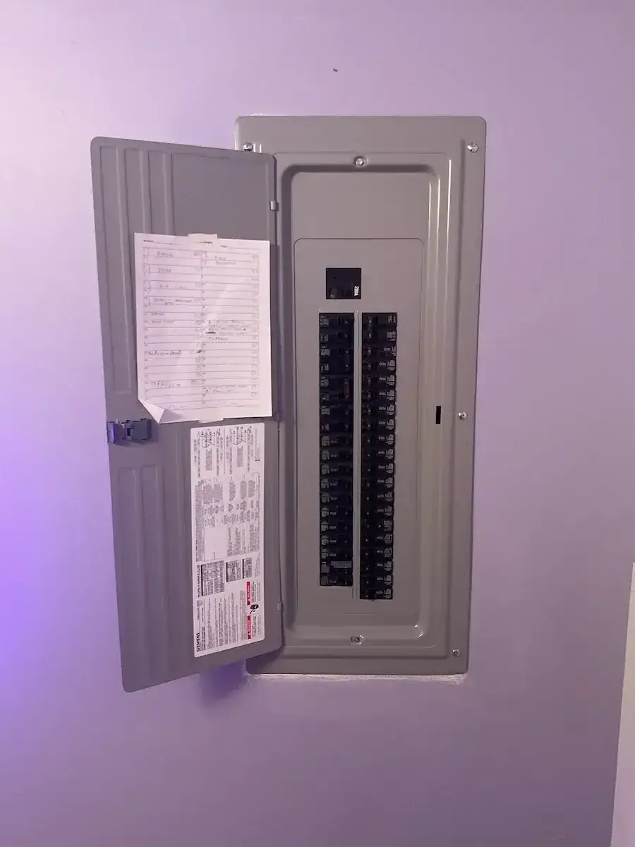New 200A panel set flush in the wall — every circuit relabeled and documented on the directory