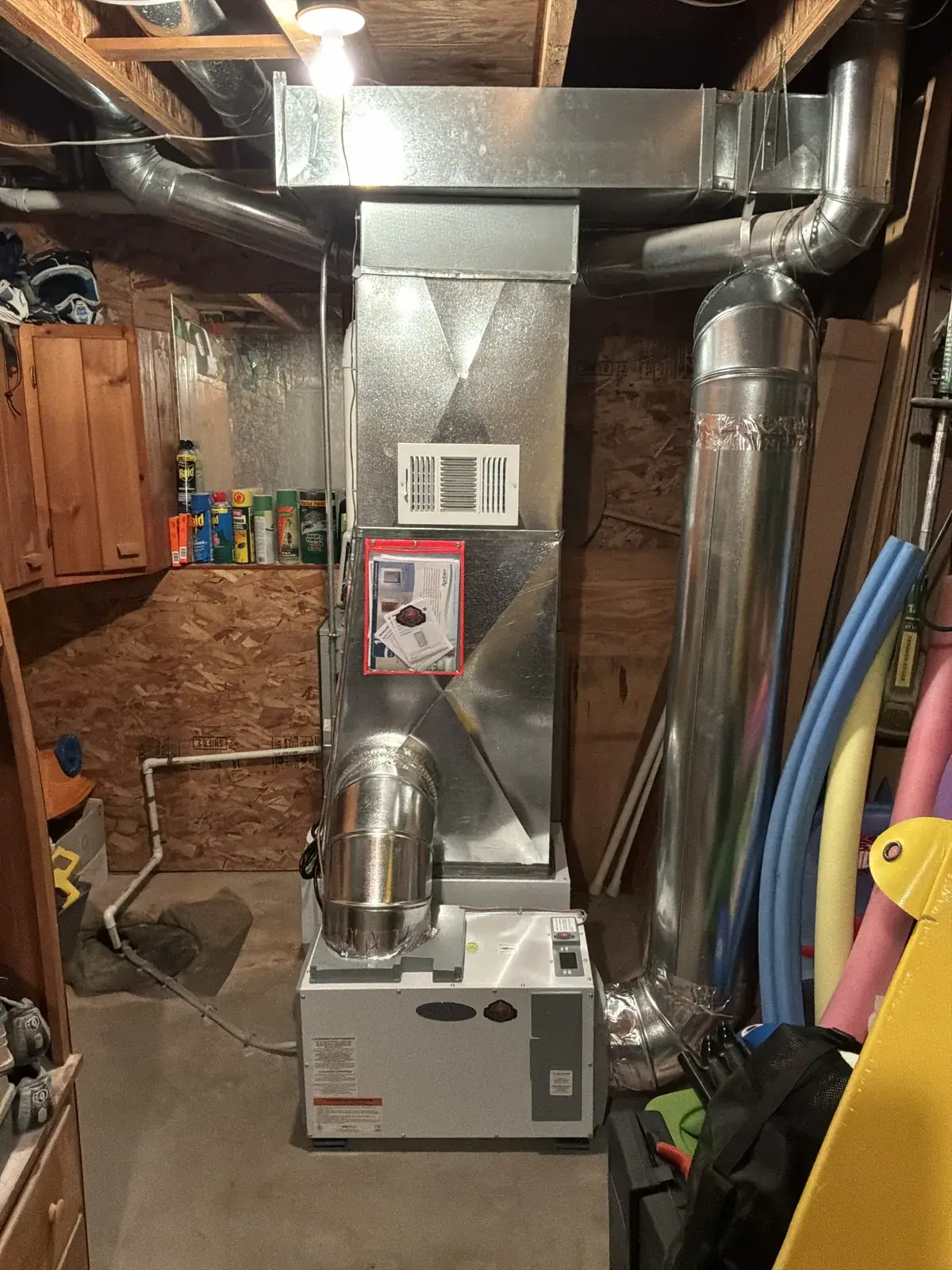 After — new American Standard furnace with a media air filter and a whole-home dehumidifier ducted into the return